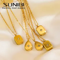 Elegant Vintage Necklace Waterdrop Square Octagonal Star Rhinestons Pendant Stainless Steel Necklace for Women Fashion Jewelry