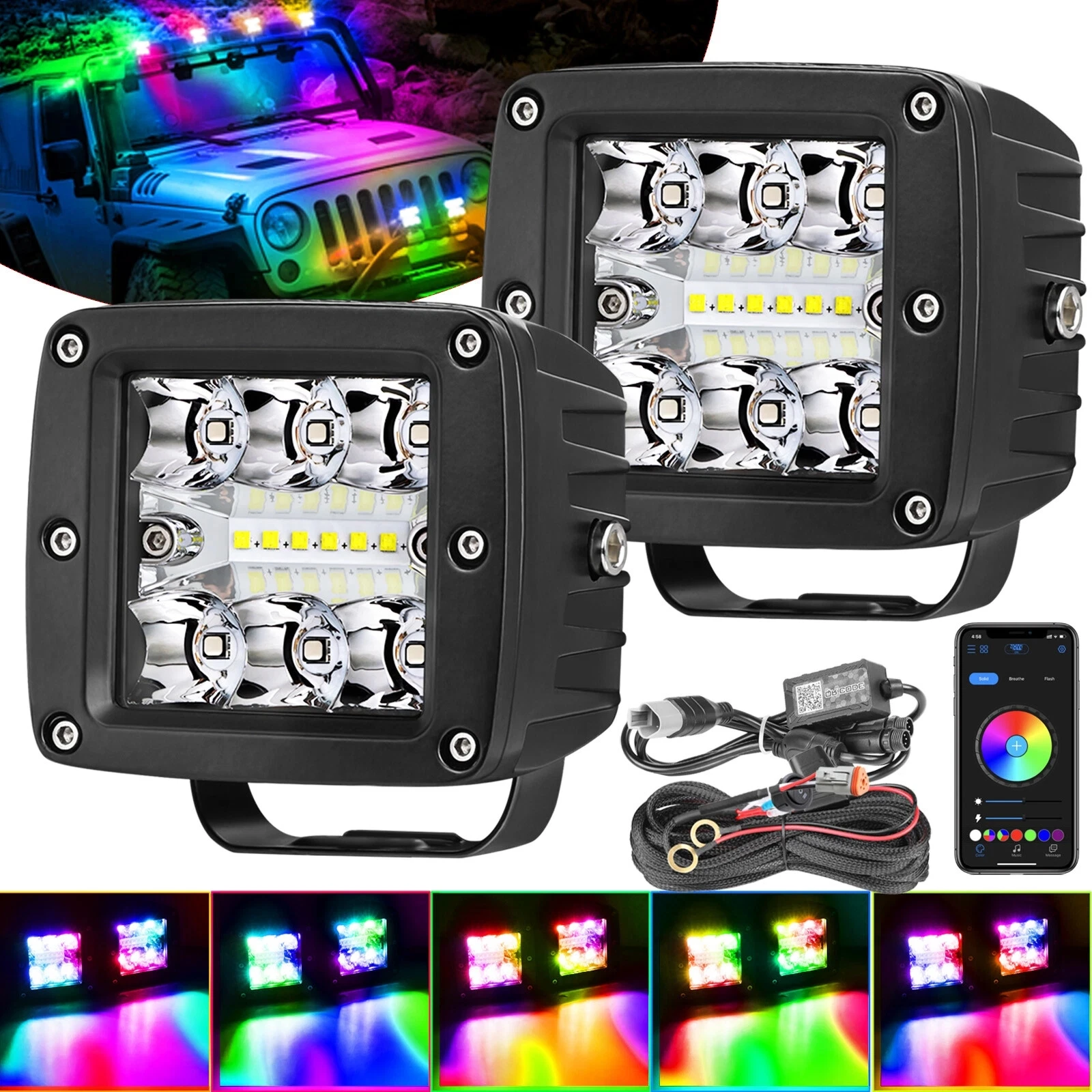 

Пара 3-дюймовых светодиодных рабочих фонарей RGB Offroad Cube Pods с многоцветным приложением Chasing RGB Halo, бесплатный комплект жгутов для квадроциклов, грузовиков, лодок, пикапов