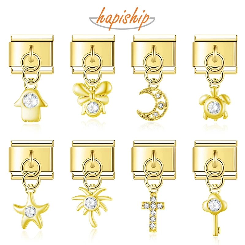 Hapiship 2025 Golden Moon Lock Heart Cross Key Planet Turtle CZ Italian Charms Fit 9mm Stainless Steel Bracelet Jewelry DJ1560