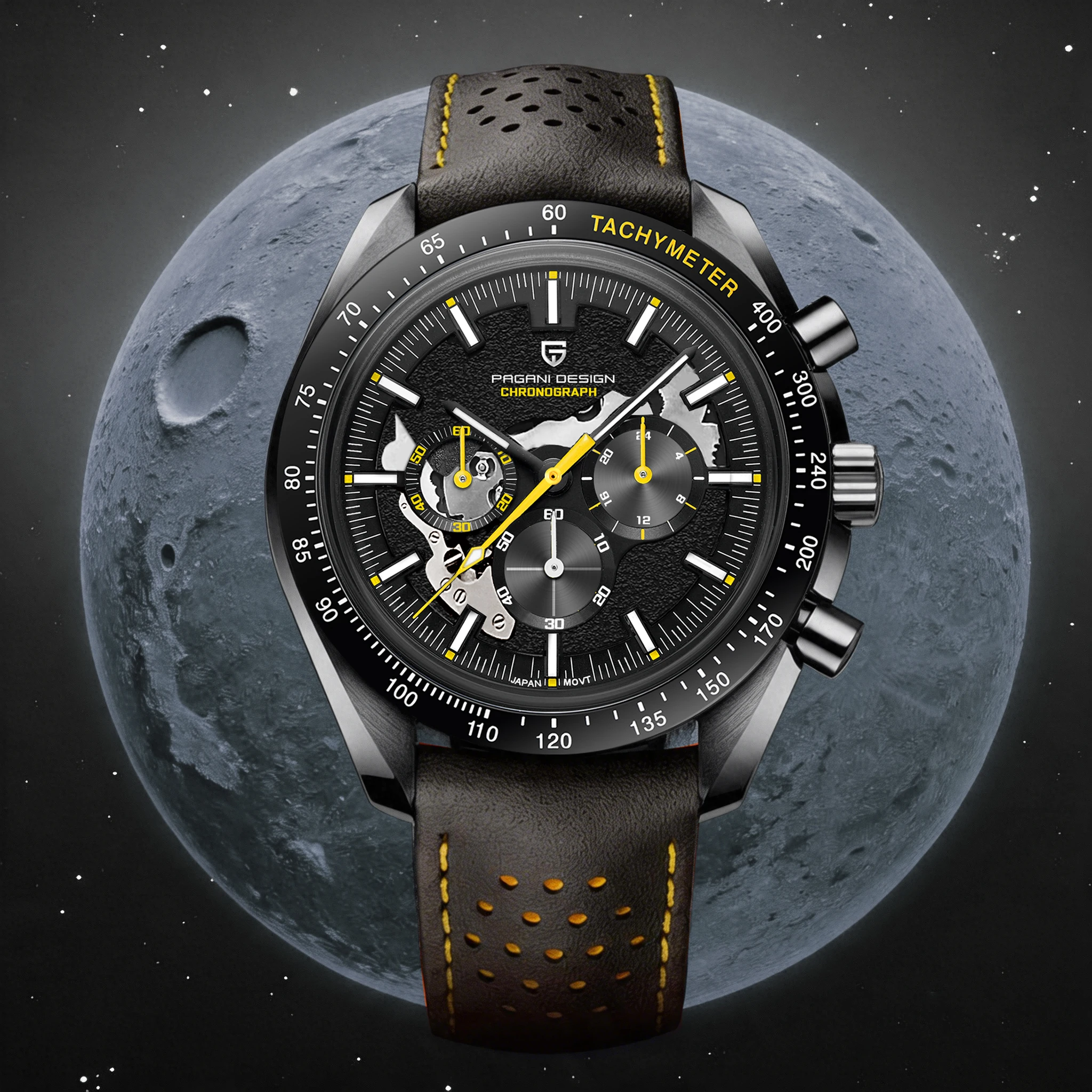 PAGANI DESIGN Moon Dark Quartz Men Skeleton Sport Chronograph AR Sapphire Glass
