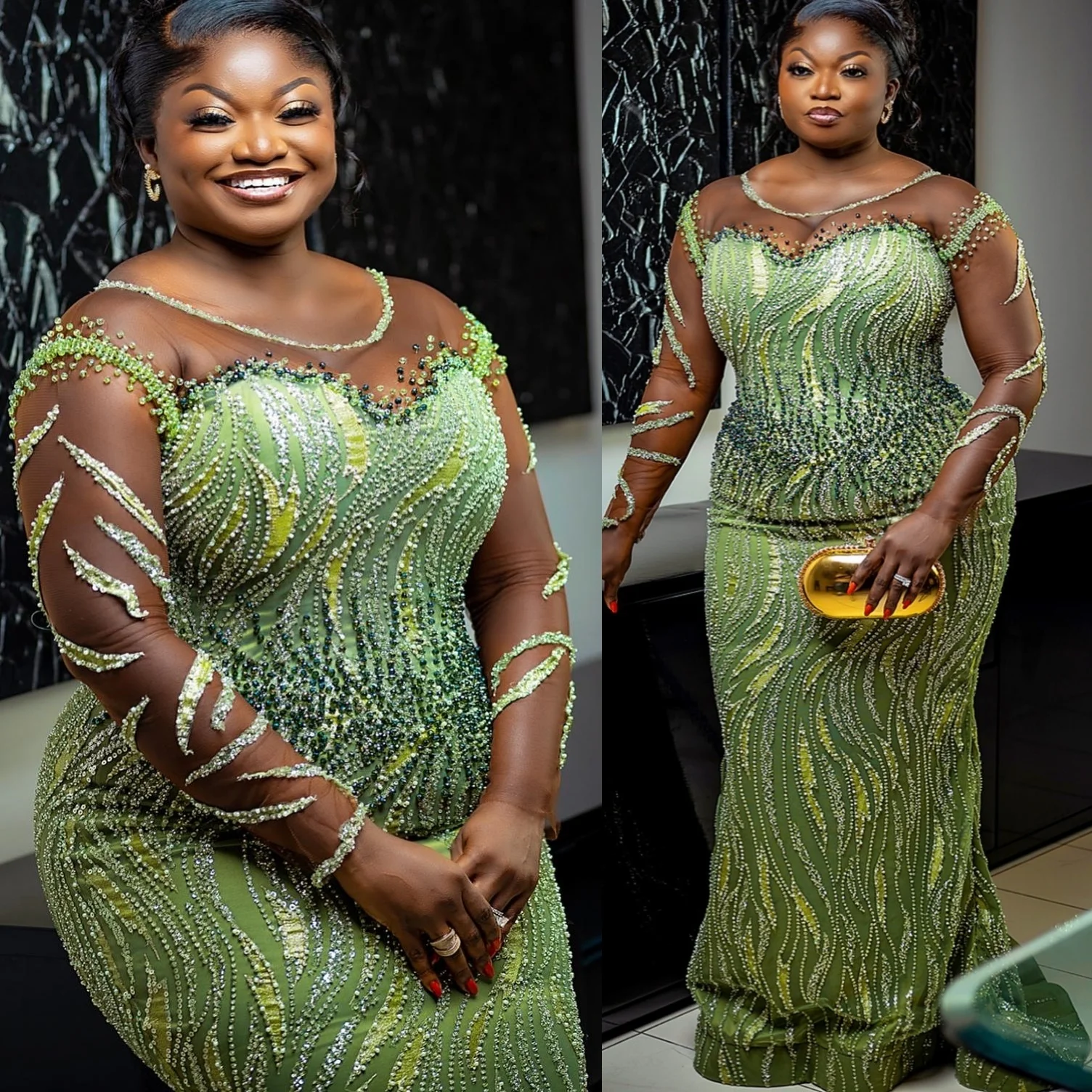 Olijfgroen Zeemeermin 2025, Galajurken Pure Hals Kralen Lovertjes Kant Avond Formele Feest Verjaardag Jurken ZJ2622