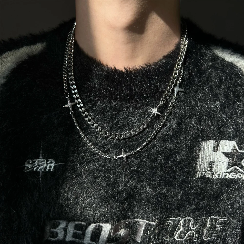 Hip Hop Double-layer Star Cross Necklace For Man Woman Titanium Steel  Clavicle Chain Choker Punk Male Accessories Wholesale