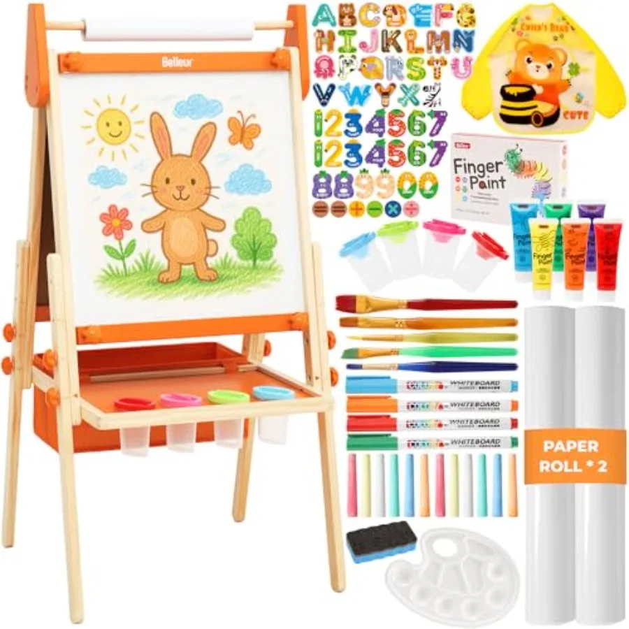 

All-in-One Art Easel for Adjustable Double Sided Easel for Toddlers with Magnetic Whiteboard and Dry-Erase Chalk Board and Pape