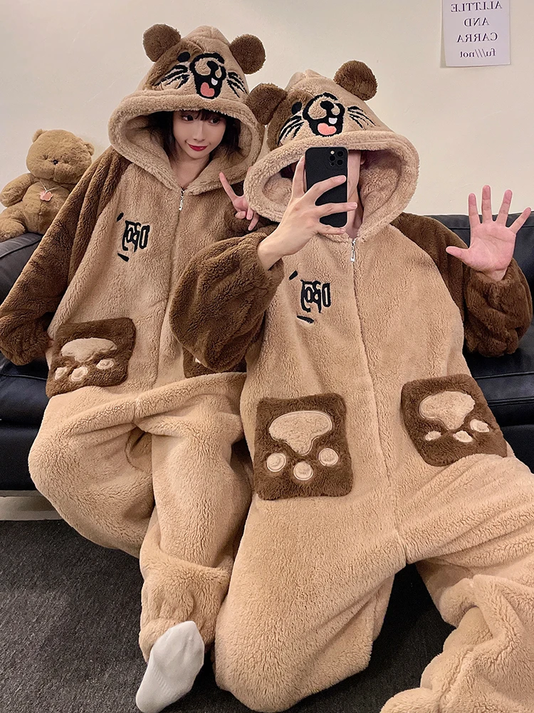 DAIMELU الكرتون لطيف منامة الرجال الخريف ملابس خاصة الشتاء سميكة المرجان الصوف الفانيلا الذكور قطعة واحدة المتسكعون دعوى نايتي