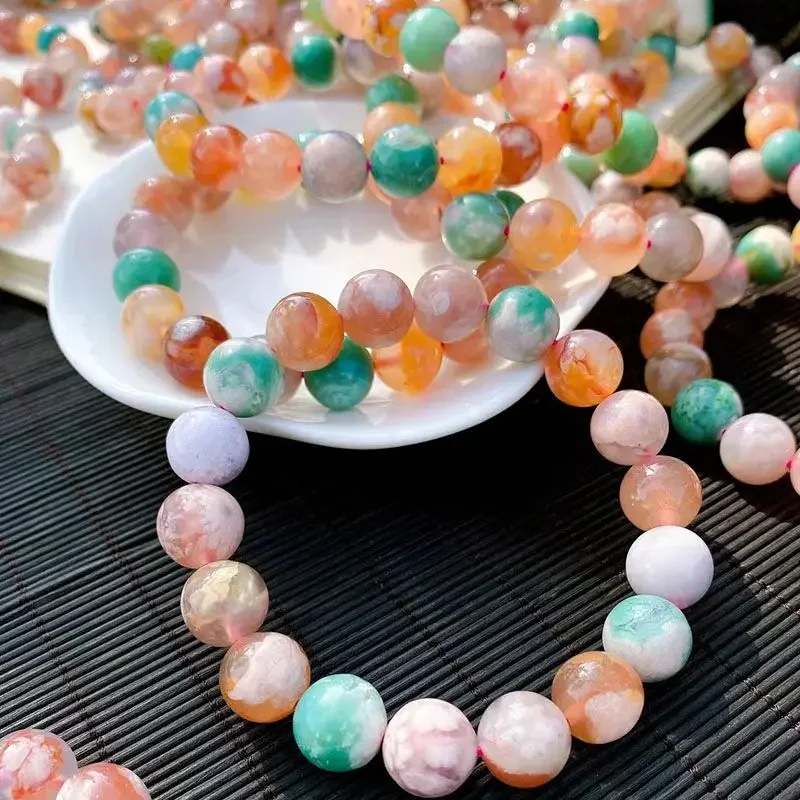 

Natural Green Cherry Blossom Agate Bracelet Single Circle Ice-penetrating Flower Marine Chalcedony Jewelry Crystal Hand String