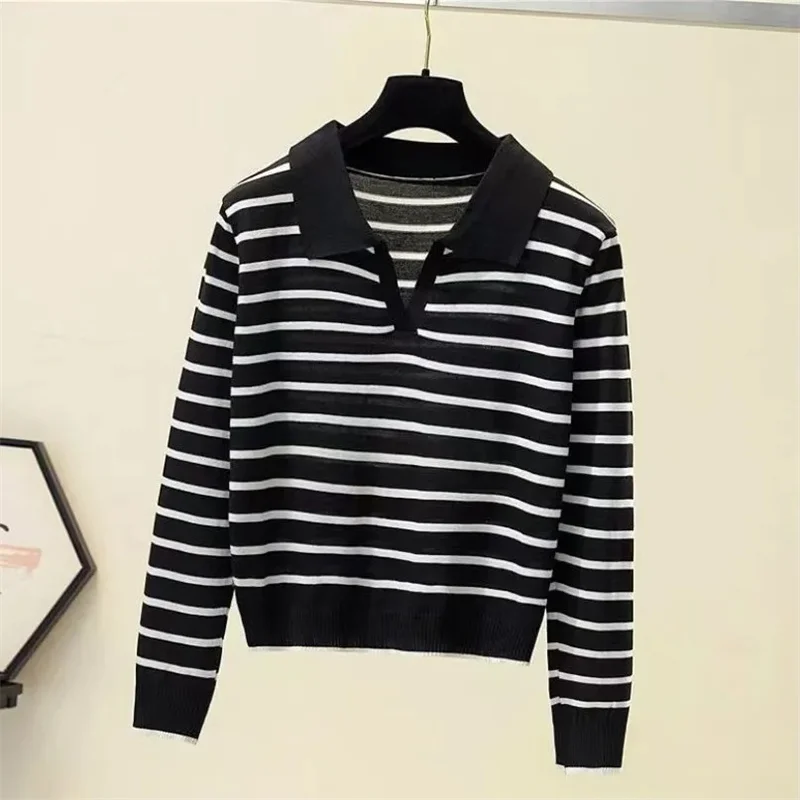 Women\'s Striped V-neck Pullover Polo Sweater Autumn All-match Tops Long-sleeved Knitted Bottoming Sweaters Jumpers 2024 New