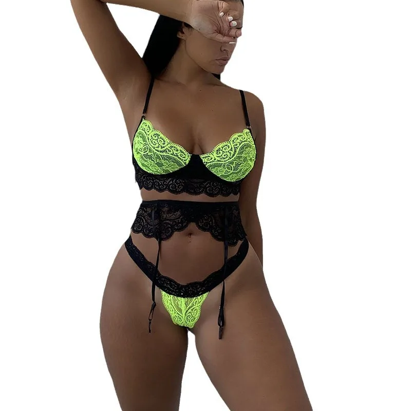 

Европейский и американский комплект из флуоресцентного кружева для внешней торговли, сексуальный комплект из трех предметов контрастного цвета, сексуальное нижнее белье с подвязками