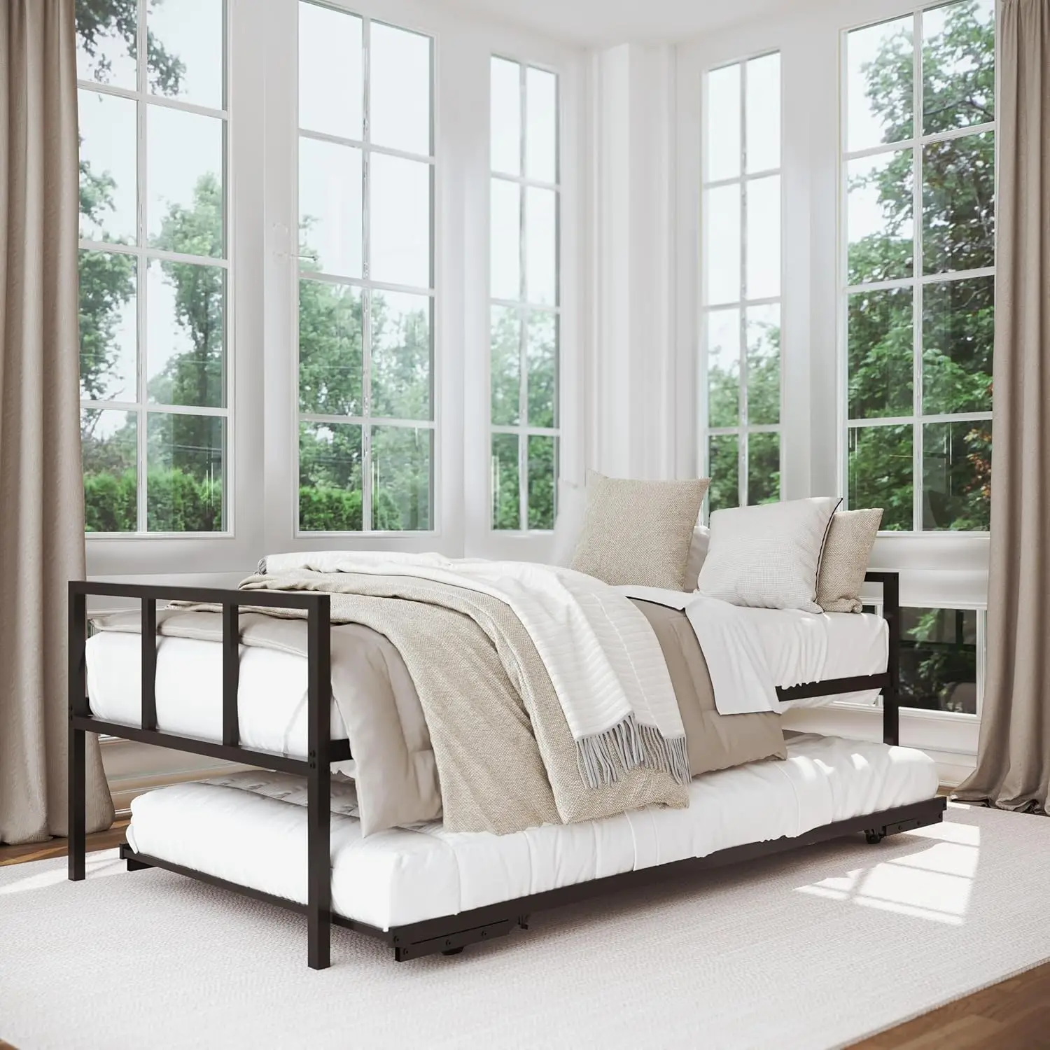 Twin Daybed en opklapbare onderschuifbed, Daybed met pop-up onderschuifbed, zwart frame - matrassen apart verkrijgbaar