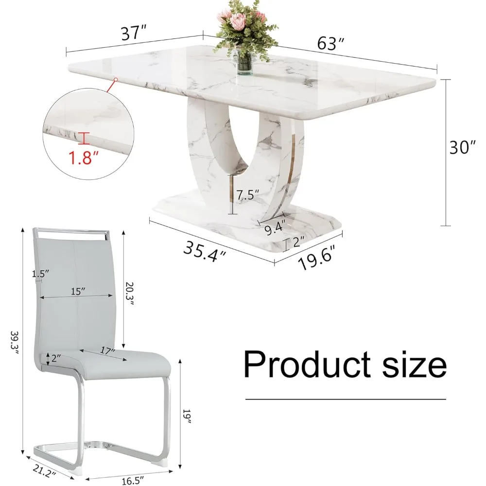 Juego de mesa de comedor moderna de imitación de mármol blanco, mesa de comedor y sillas rectangulares y 6 sillas acolchadas de cuero PU