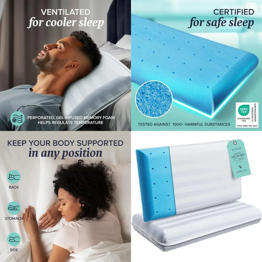 

Queen Size Memory Foam Pillows - Solid Block Pattern & Optimal Neck & Spine Support (Set of 2)