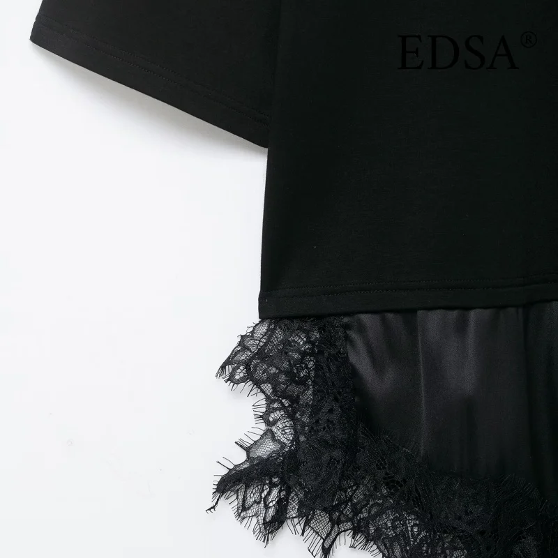 EDSA المرأة الساتان الدانتيل المرقعة تي شيرت نمط فستان قصير قصير الأكمام س الرقبة الصيف بلون Y2K الشارع الشهير #5