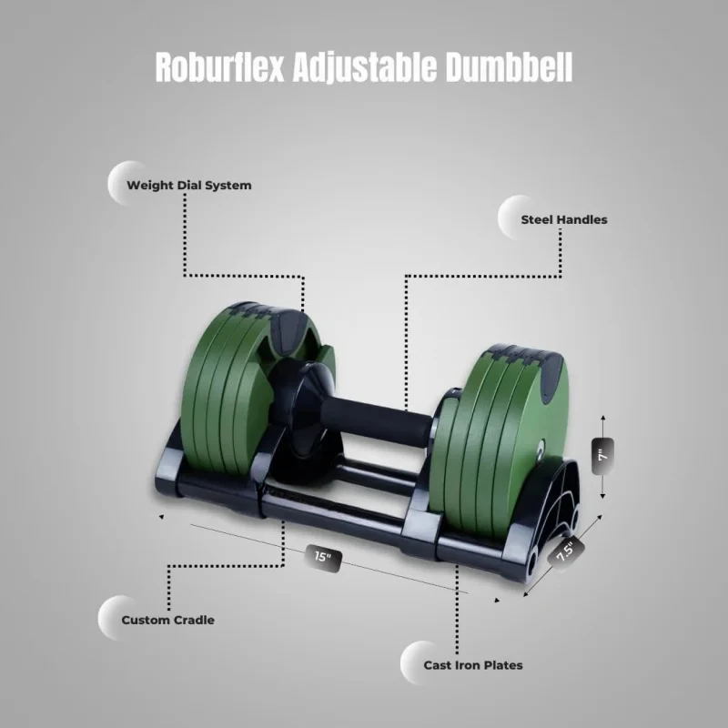 دمبل AQNUOBELL قابل للتعديل (واحد) من ROBURFLEX لتدريبات القوة واللياقة البدنية وصالة الألعاب الرياضية المنزلية