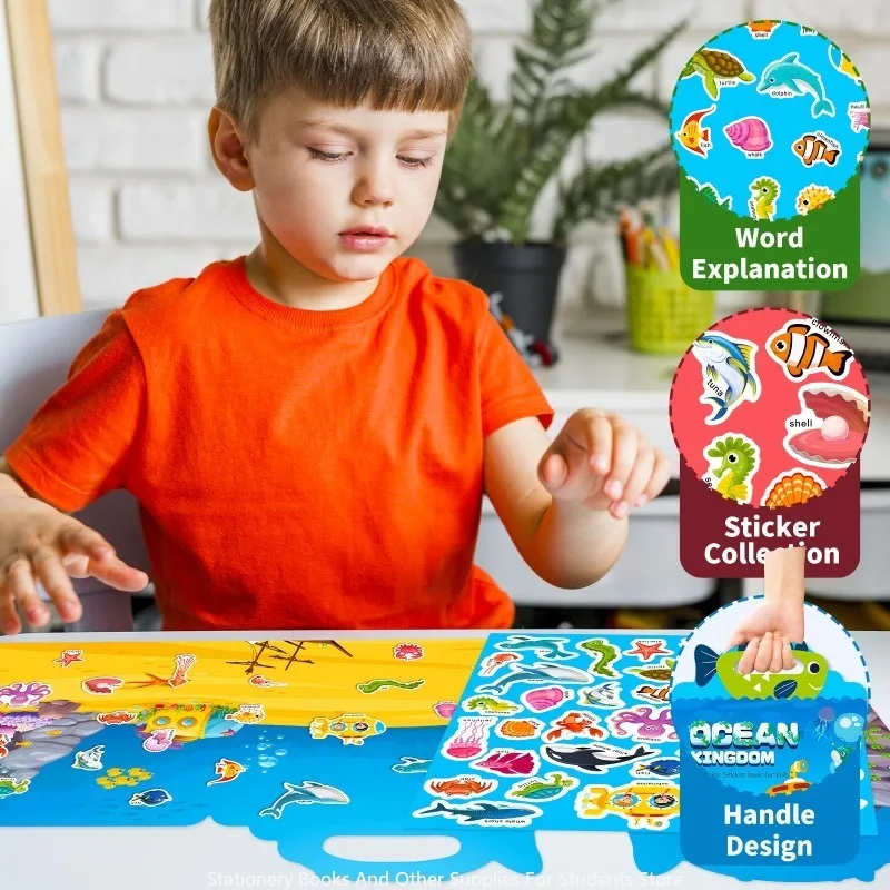 Sticker Book Ocean Kingdom Jelly Sticker Book Children's Early Education Focus Puzzle Cultivation Scene Sticker Book