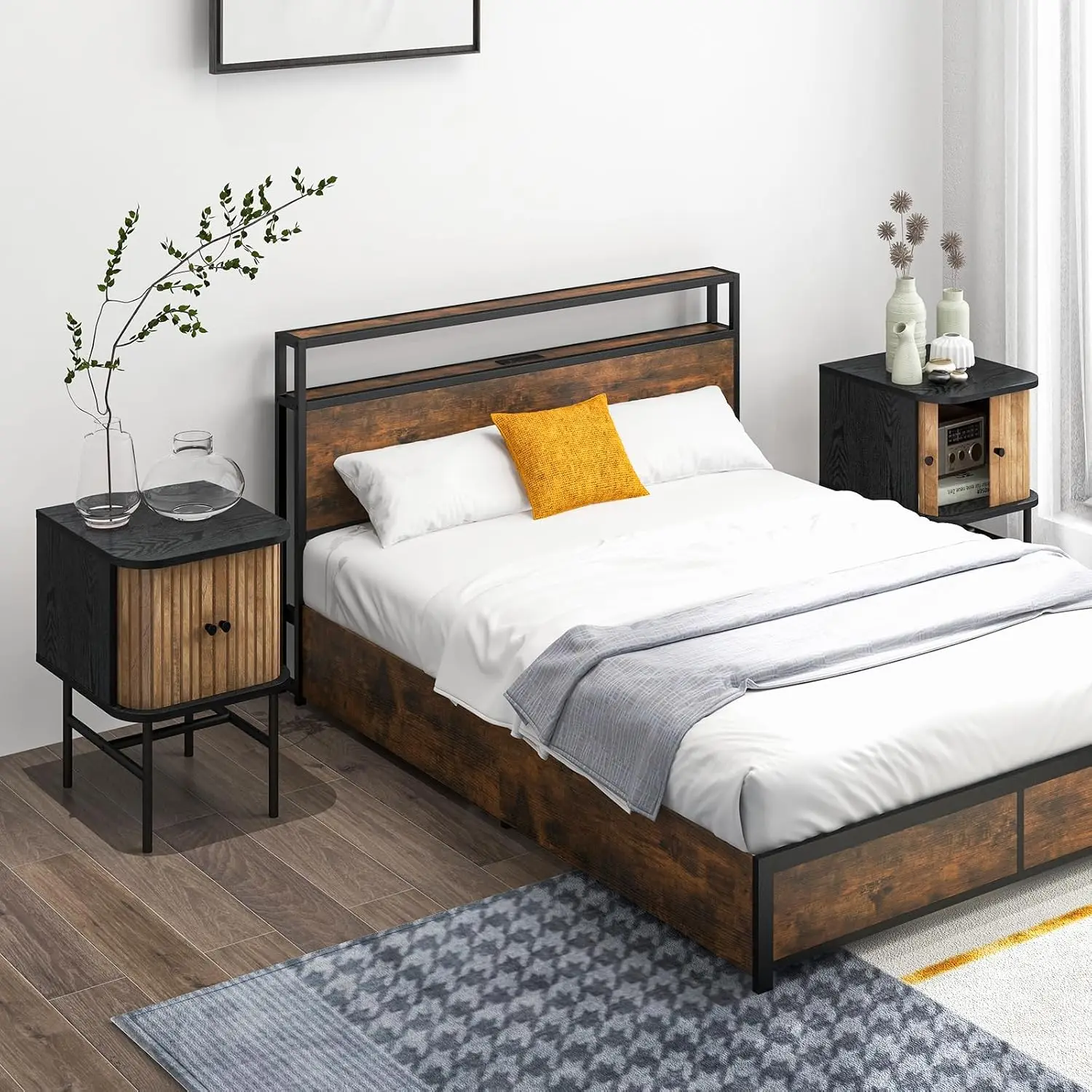 Mid-Century 2-Pack Wood Nightstand Sliding Door Storage Cabinet Metal Leg Compact Bedroom Small Space, Customized