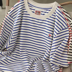 Summer Japanese Retro Heavyweight Short Sleeve Sea-striped T-shirt Men's Fashion 100% Cotton Round Neck Washed Old Casual Tops