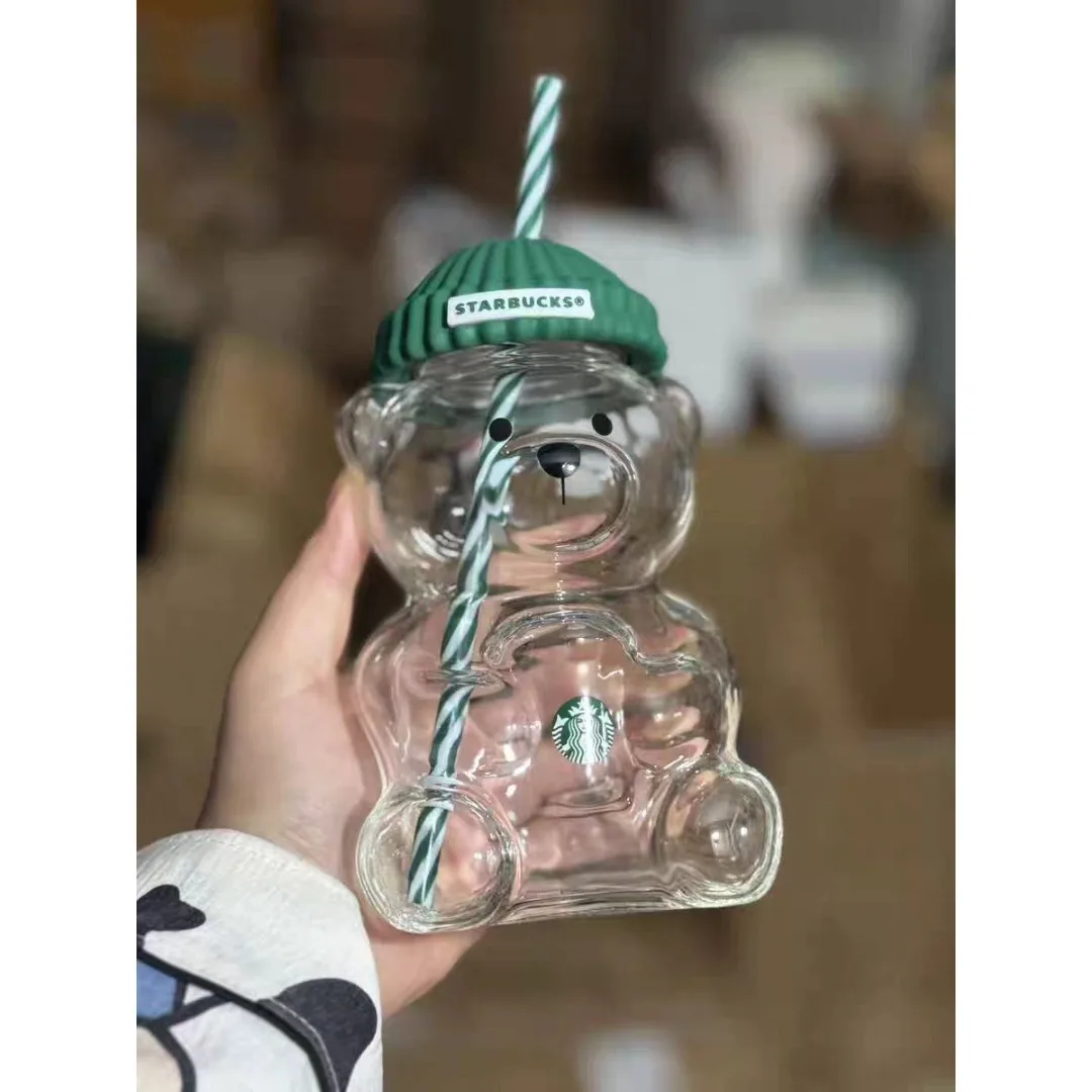 كوب زجاجي شفاف بتصميم الدب الإبداعي مع زجاجة مياه مخططة مقاومة للتسرب وقابلة لإعادة الاستخدام، مناسبة للسفر المنزلي للهدايا #1