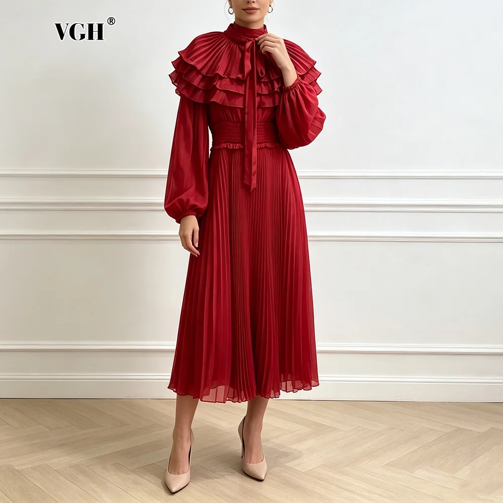 VGH Classy Layer Ruffled Stand Collar Chiffon Maxi Dress for Women Tie Neck Balloon Long Sleeve Smocked Waist Pleated for Party