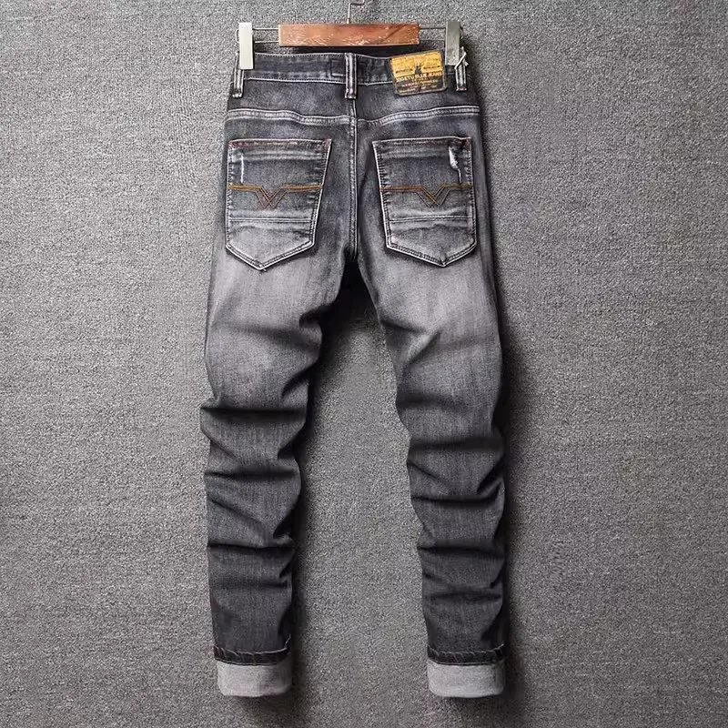 Newly Designer Fashion Men Jeans High Quality Retro Black Gray Elastic Slim Fit Ripped Jeans Men Vintage Patched Denim Pants