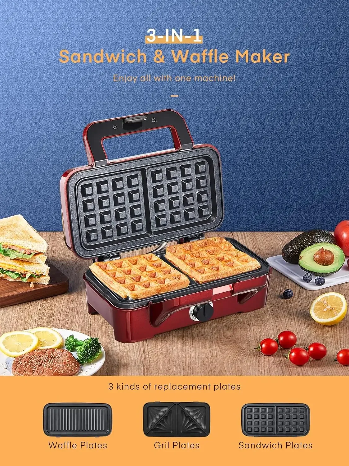 Sandwich Maker, 3 in 1 Waffle Maker with Removable Plates, 1200W Panini Press with Interchangeable Non-Stick Plates, Ind