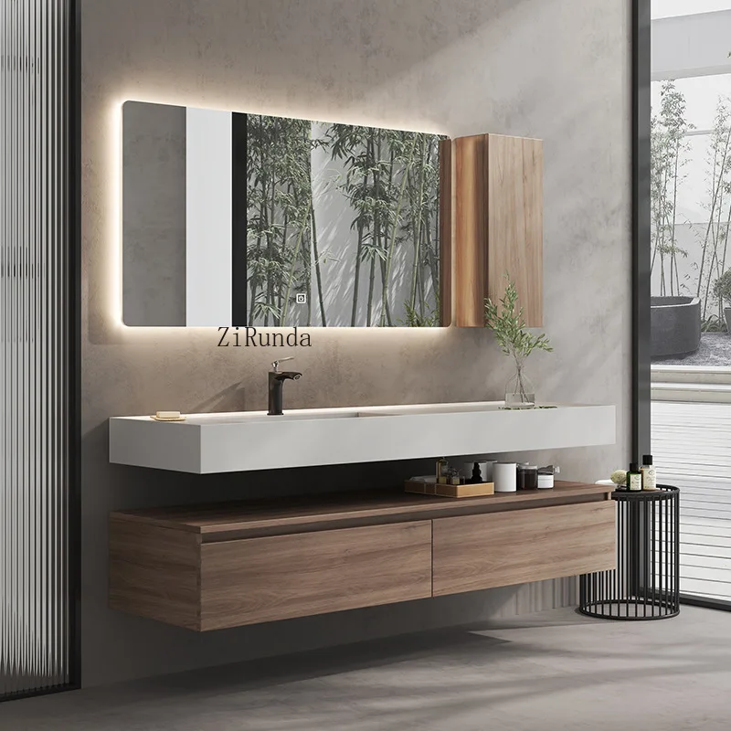 Marble countertop bathroom cabinet with large storage and durable mirror view 5
