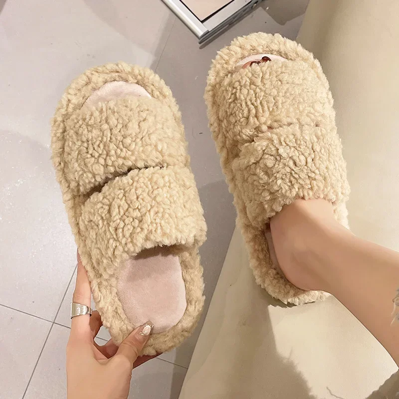 

Casual Fluffy Slippers Women House Flats Elegant Winter Designer Shoes Ladies Home Trend Fashion Platform Footwear Plush Indoor