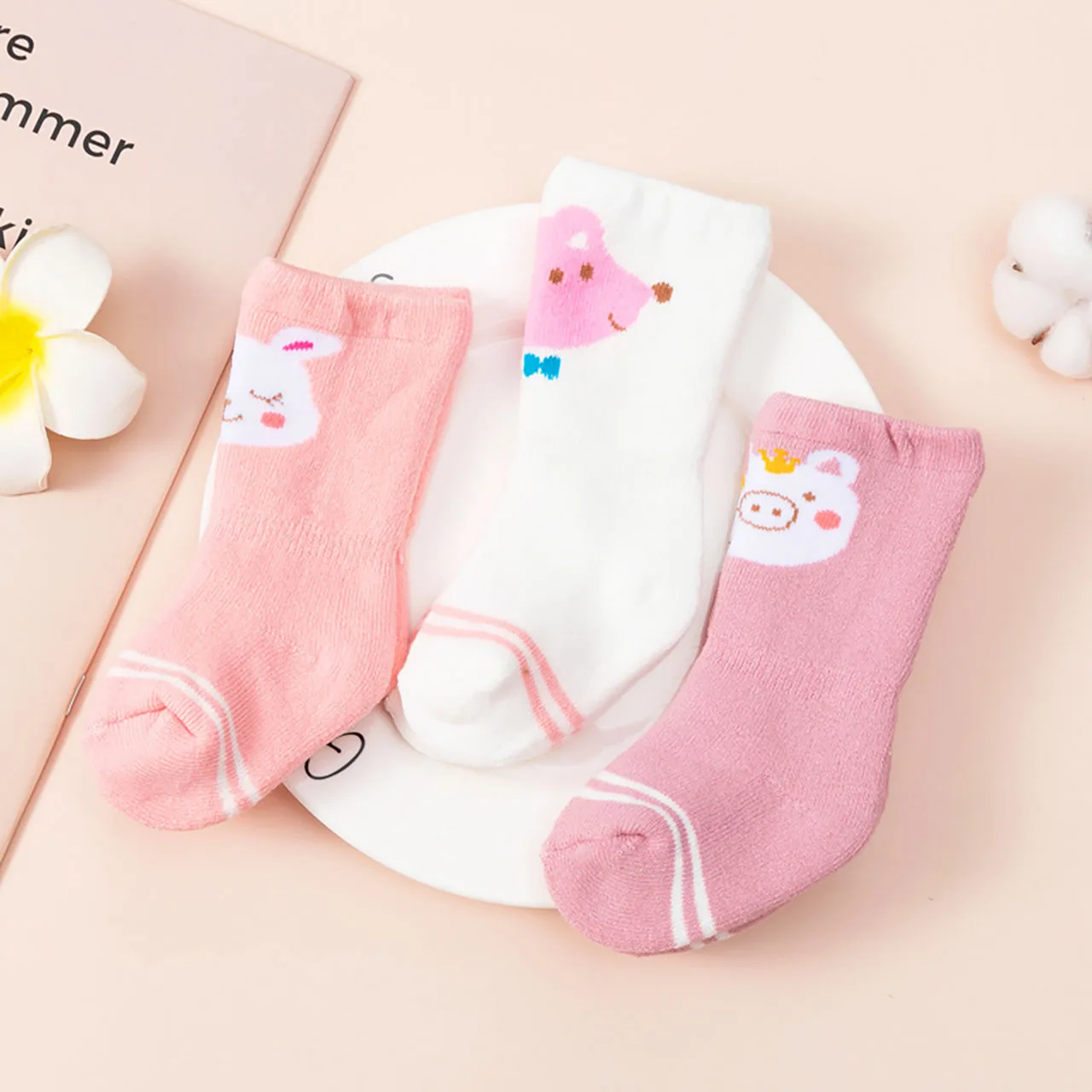 

3 Pairs Cute Cartoon Baby Terry Socks Winter Thicken Warm Newborn Girl Middle Tube Socks Soft Cotton Kids Floor Sleeping Socks