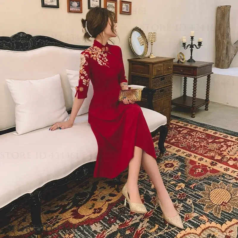 빈티지 클래식 자수 신부 웨딩 파티 드레스 중국 스타일 여성 드레스 치파오 이브닝 파티 드레스 우아한 맥시 드레스