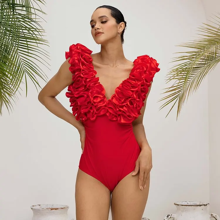 2025 Traje de baño y falda para mujer de dos piezas Conjunto de bikini de una pieza con flores rojas sexy en 3D Traje de baño Vestido de playa Traje