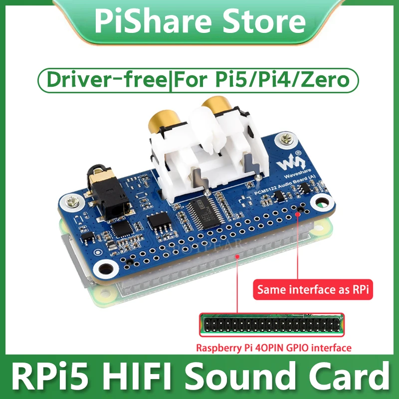 Raspberry Pi PCM5122 Audio Board (A) I2S DAC HIFI Sound Card DAC Audio expansion Board Free-Driver For PI5/PI4/Zero