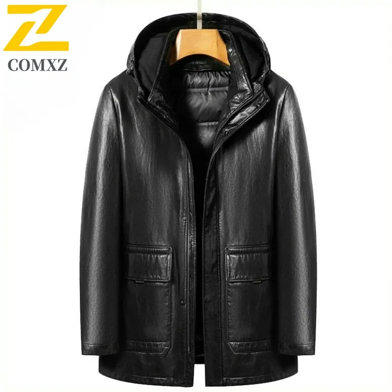 COMXZ Men Winter Jacket Leather Mid-Length Business Meeting Luxury Design Travel Padded Jacket Office Commute Warm Padding Coat