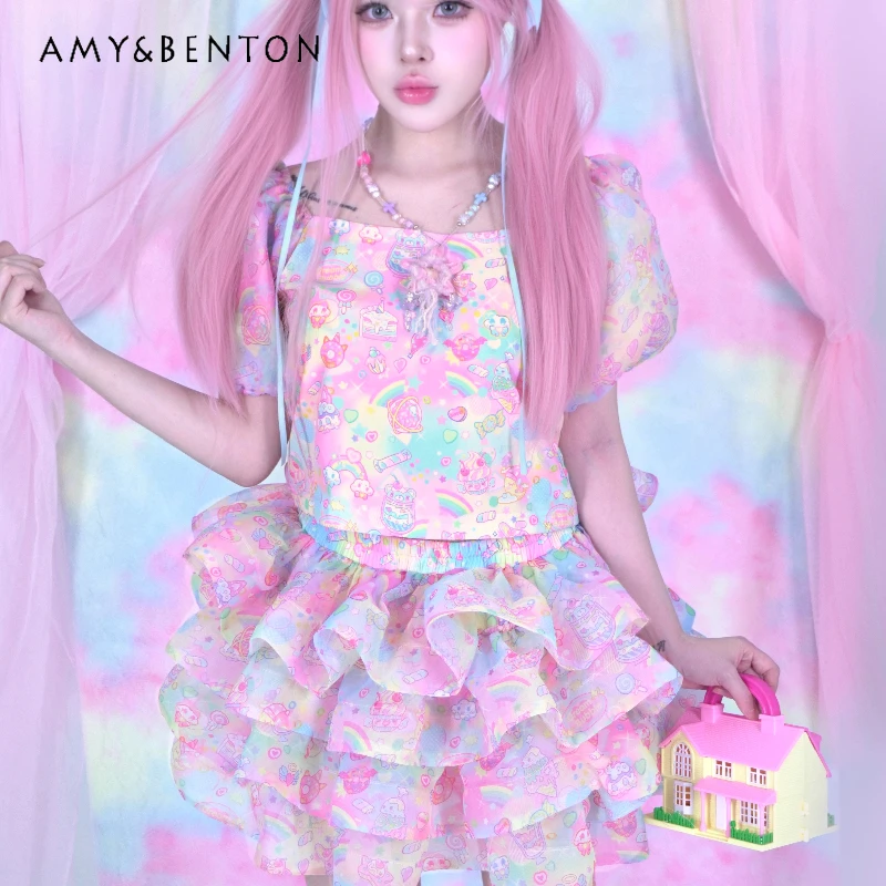 

Original Design Pink Sweet Cute Round Neck Women's Short Sleeve T-Shirt Summer Colorful Print Splicing Sheer Skirt Set Ladies