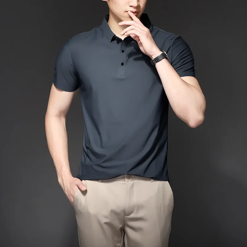 Summer Ice Silk Mens Polo Shirts Luxury Short Sleeve Solid Color Business Casual Male Tops Fashion Simple Slim Man Tees