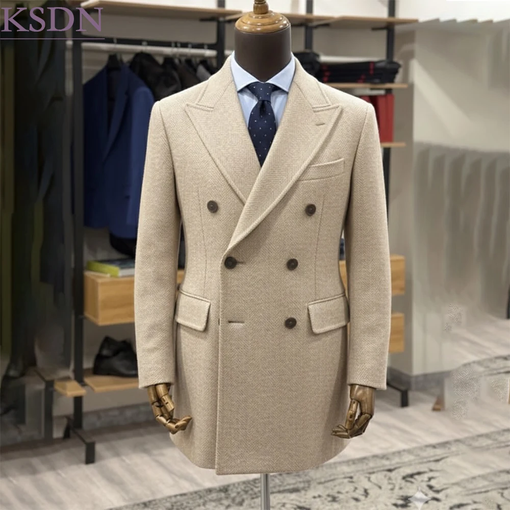 Men's Oatmeal Herringbone Wool Overcoat Double Breasted Peak Lapel Winter Business Long Coat Formal Jacket 1 Piece Long Blazer