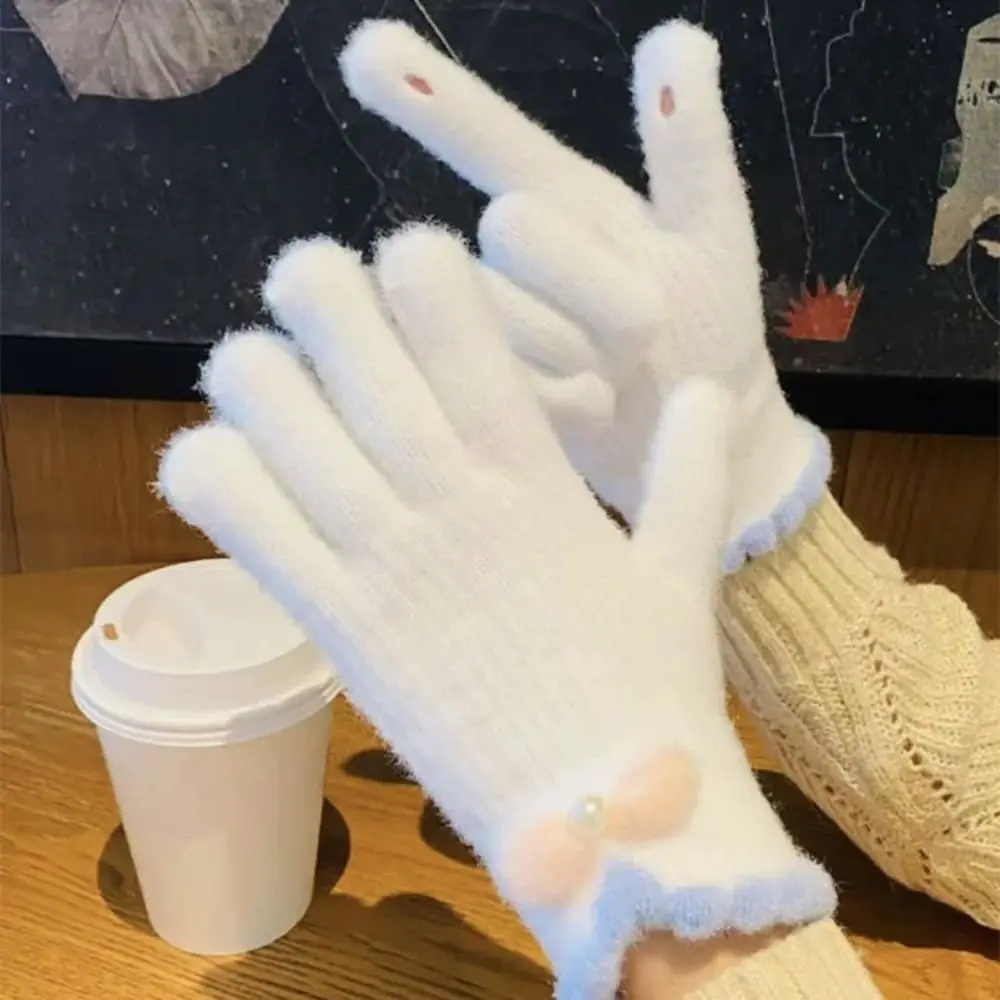 Full Finger Women Winter Warm Gloves Candy Colors Elasticity Touch Screen Knitted Gloves Bow-knot Windproof