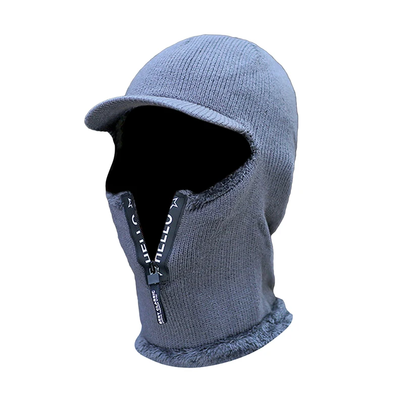 Men Knitted Woolen Hats Winter Zipper Thickened Plush One Piece Hat Collar Set Cap Outdoor Cycling Neck Protection For Male