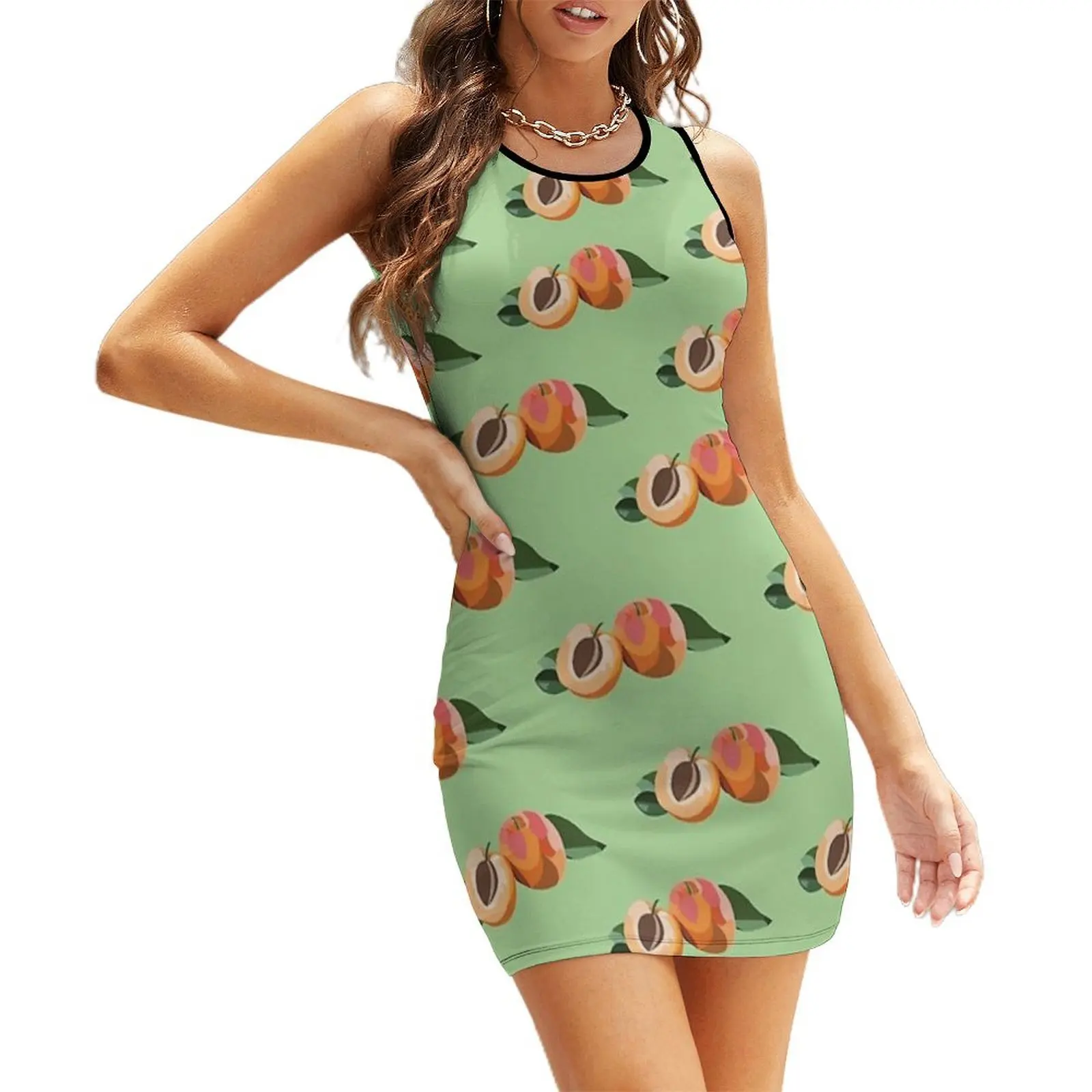 

peach print with green background Sleeveless Sundress Female dress birthday dress for women Party dresses