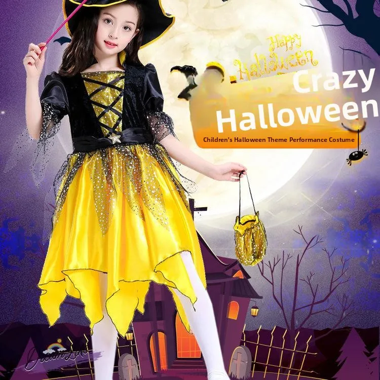 

Princess Dress up Halloween Costume for Kids Witch Princess Skirt Makeup Dance Role Play Magic Pumpkin Performance Clothes