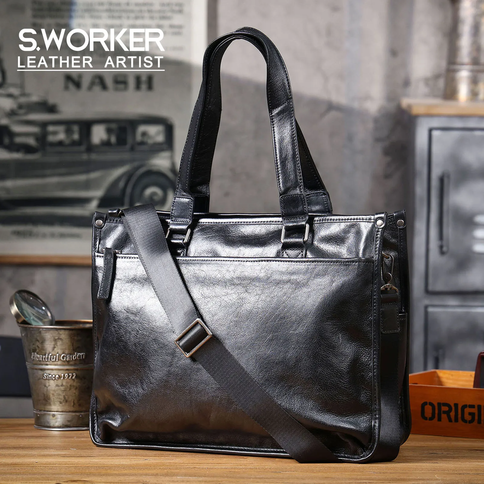 S.WORKER Premium Echtleder Business-Handtasche Herren 14" Laptop-Tasche Vollnarbenleder-Aktentasche für Arbeit & Business – Detail 2