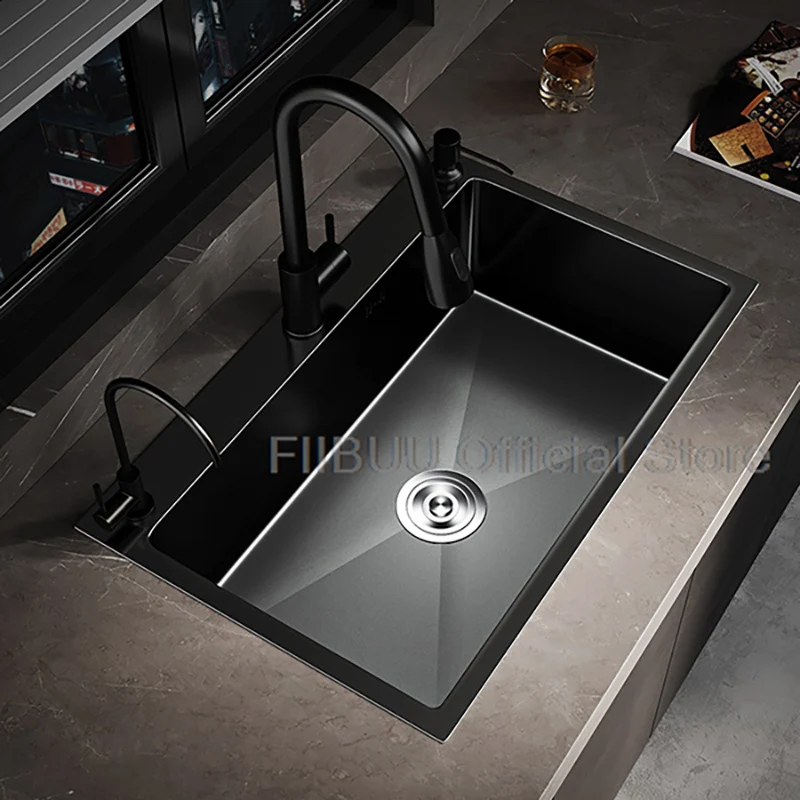 

Black Stainless Steel Kitchen Sink Large Capacity Single Bowl Thickened Handmade Multifunctional Basin With Multiple Accessories