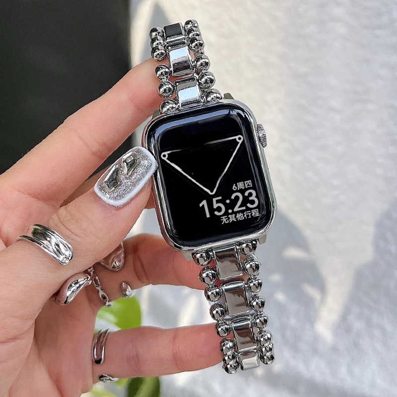 ステンレス鋼のApple Watch用ストラップ,高級ブレスレット用ビーズ,メタルブレスレット41mm 45mm iwatchシリアル7 6 5 se 44mm 40mm