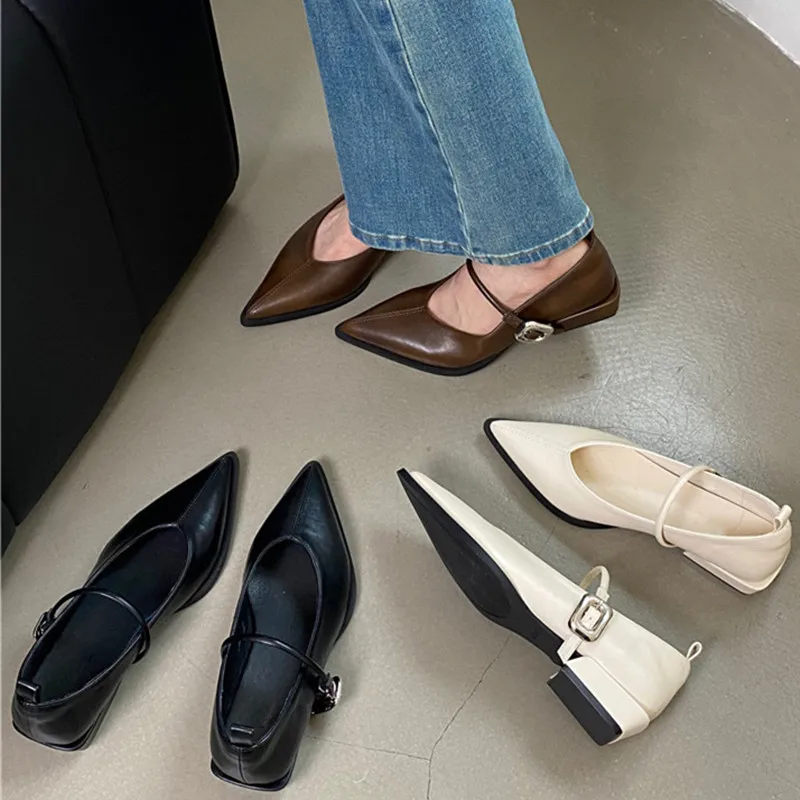 Pointed Toe Women Shoes Buckle Strap Solid Color Retro Designer Brand Low Heel Shallow Female Shoes Leather Concise Casual Shoes