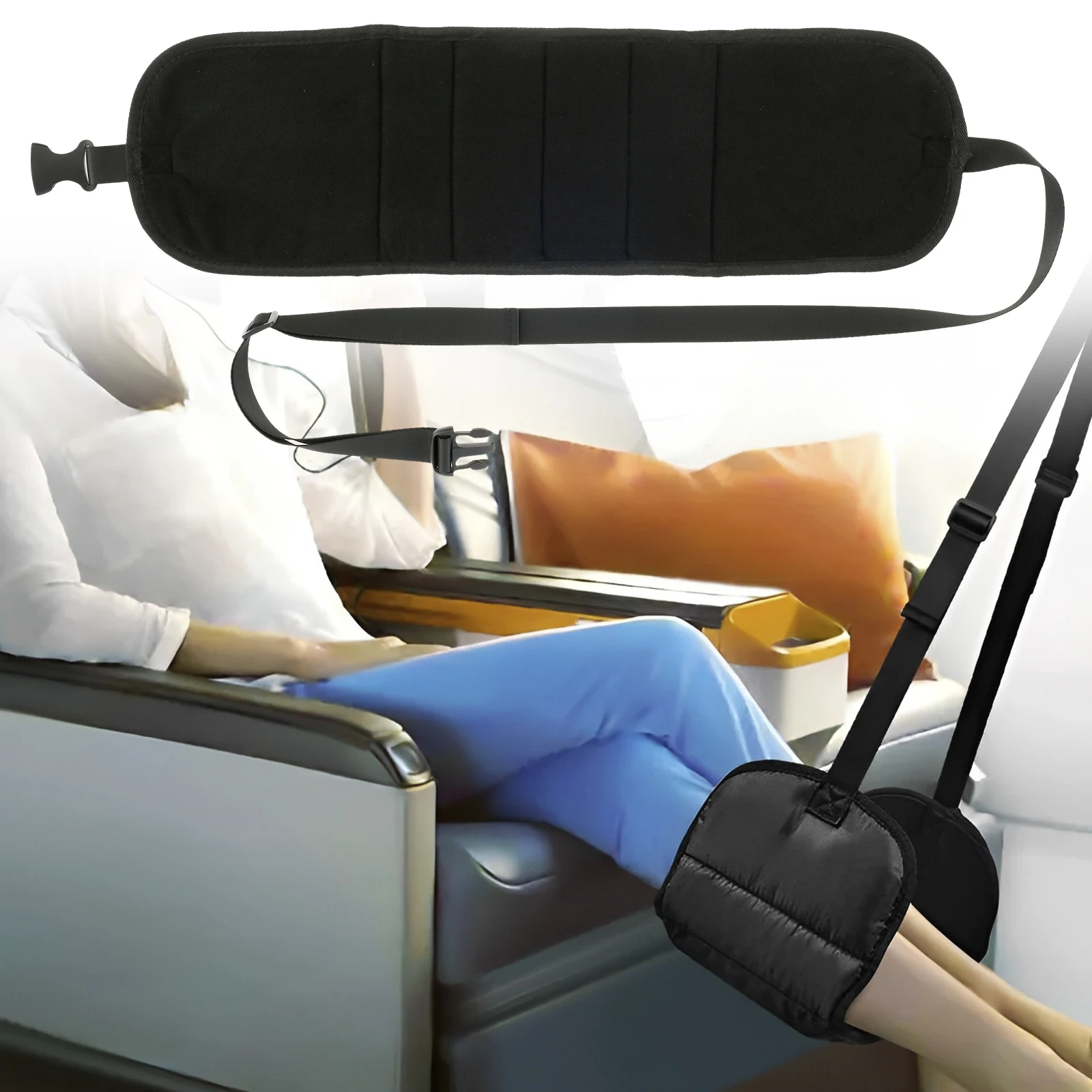 Airplane Footrest Adjustable Hanging Footrest Hammock with Eye Mask Earplug Portable Plane Leg Rest Foldable Memory Foam Plane