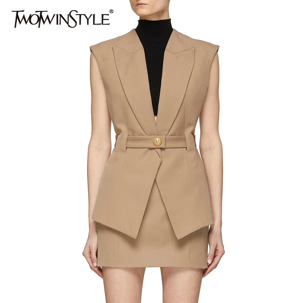 

TWOTWINSTYLE однотонный утягивающий блейзер с поясом, жилеты для женщин, жилет без рукавов с лацканами и высокой талией, темпераментный жилет, женская одежда, новинка