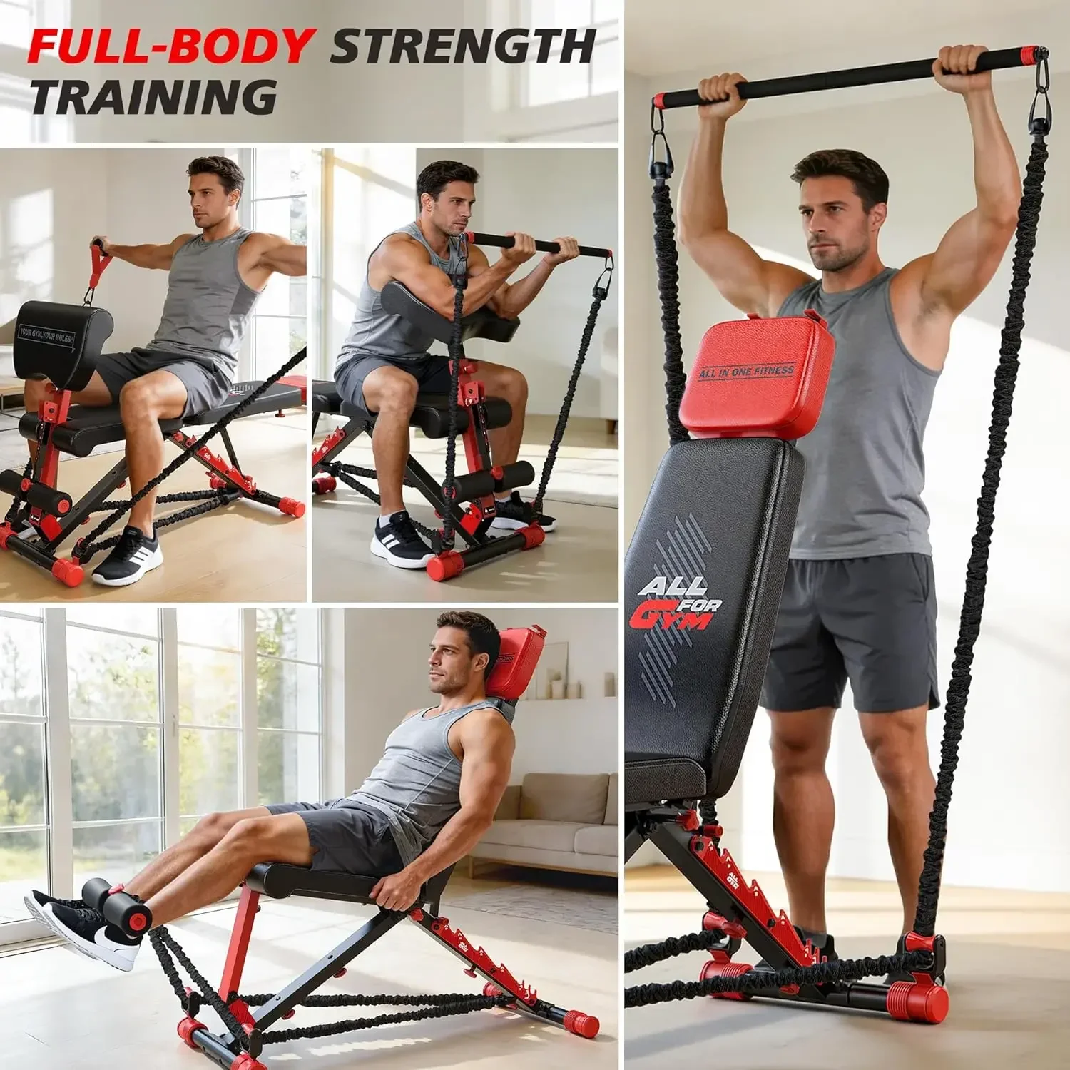 Workout Bench, Foldable Weight Bench with Variable Resistance Training Set, 880LBS Adjustable Bench with Leg Extension, Preacher