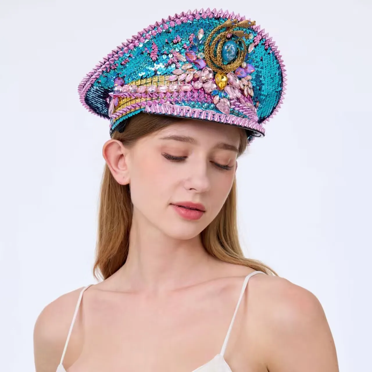 

HongLuan Green Disco Steampunk Captain Hat Rhinestone for Burning Man Festival Woman, Rave Festivals Accessories ＆ Party Caps