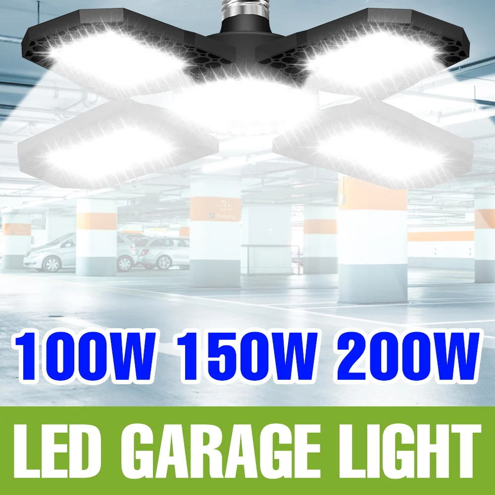 

200 Вт светодиодный светильник для гаража, 220 В, прожектор E27, складная лампа для мастерской, 110 В, подвала для магазина, парковка, освещение большой площади