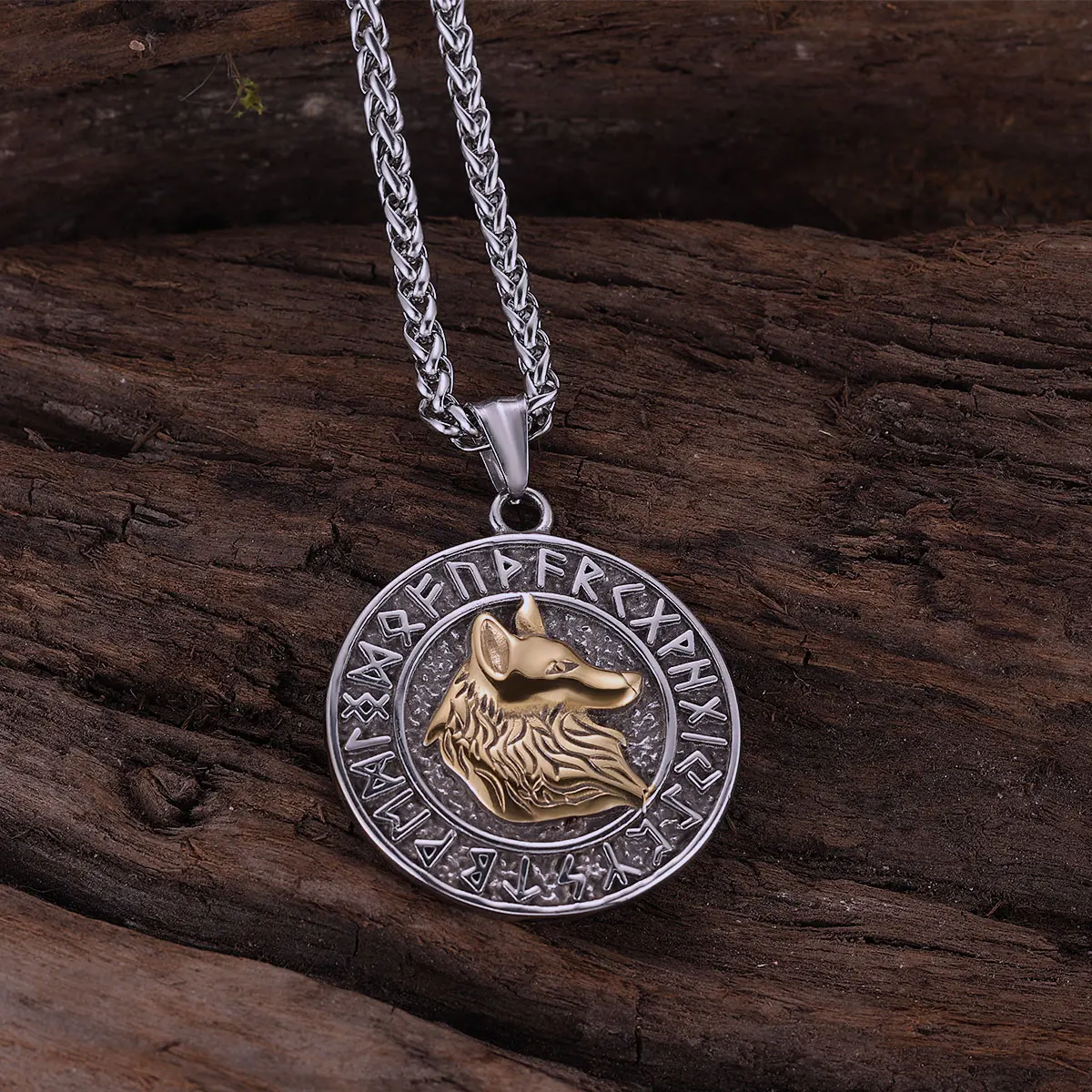 Stainless Steel Nordic Mythology Runic Giant Wolf Fenrir Necklace Men Never Fade Handmade Gold Color Pendant Jewelry Gift