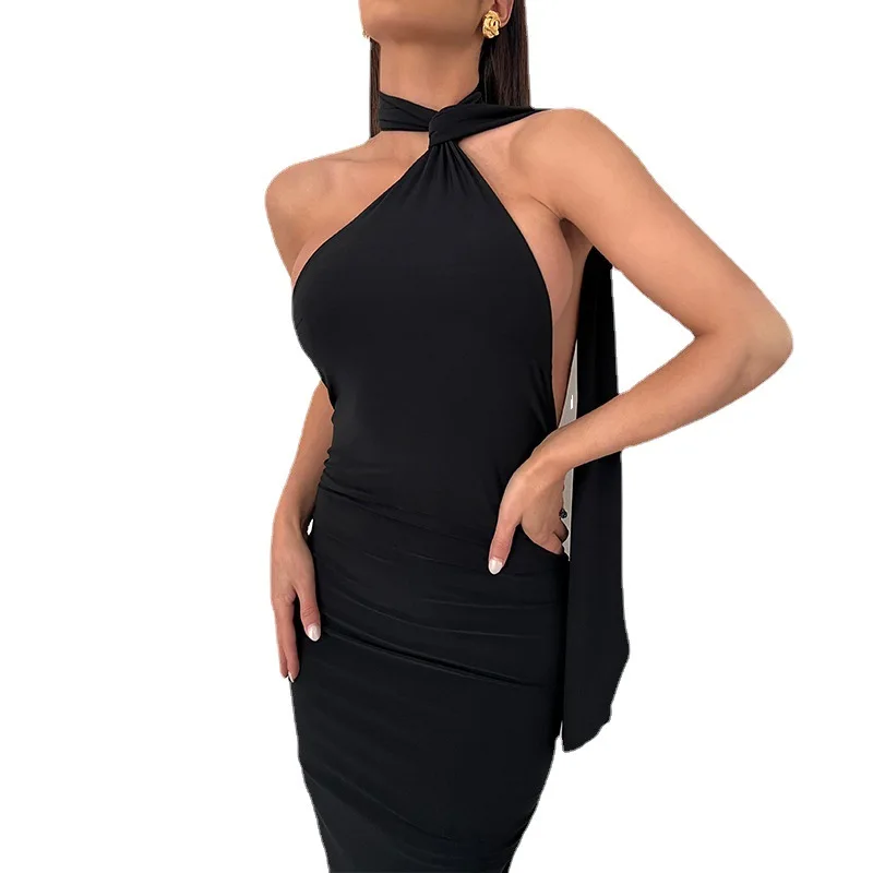 Women Dress Scarf Lace-up Sleeveless Backless Sexy Cute Elegant Slim Fitting Pleated Buttocks Dress Party Banquet High Quality