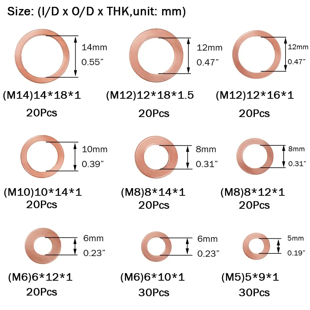 Picture 3: Copper Gasket Set 200pcs Flat Washers Assortment Metric Sealing  Industrial Use Metric Sizes for Plumbing and Automotive Sealing