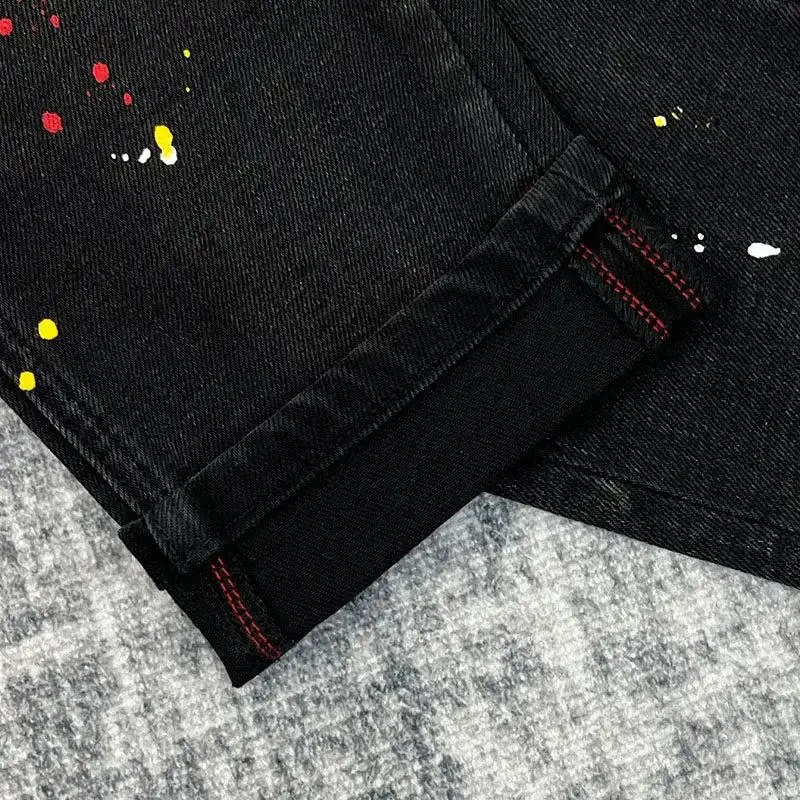 2026 New Men's Black Denim Jeans, Hand-Painted Graffiti Design, Slim Straight Cut, Luxury Streetwear